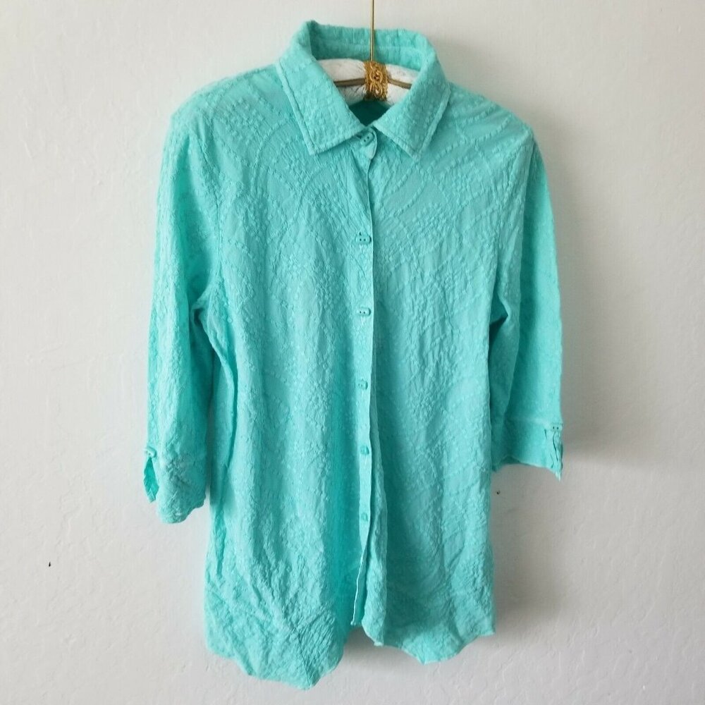 Focus Casual Life Womens Medium Button Up 3/4 Sleeves Turquoise Embroidered Top